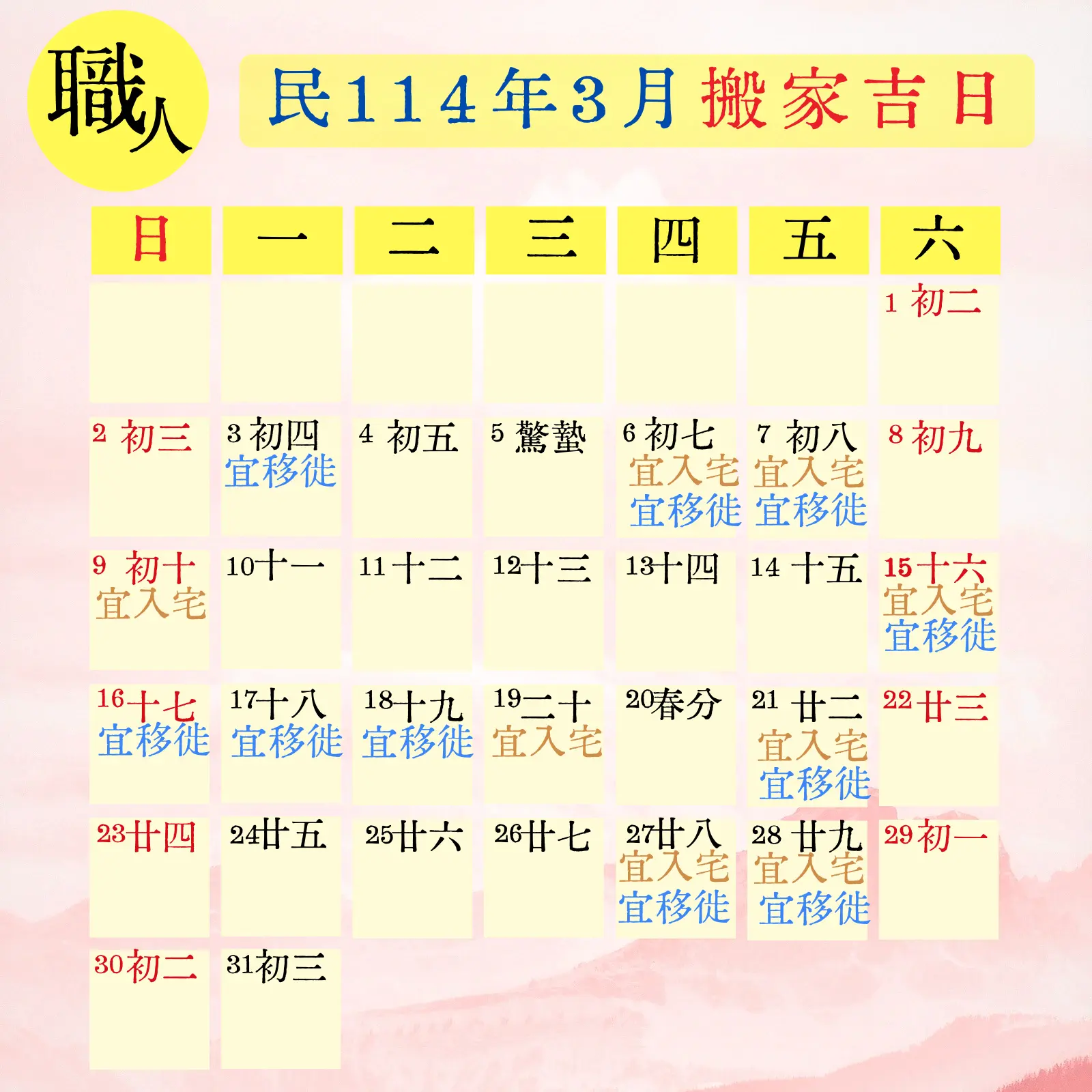 民114(2025) 3 月搬家吉日